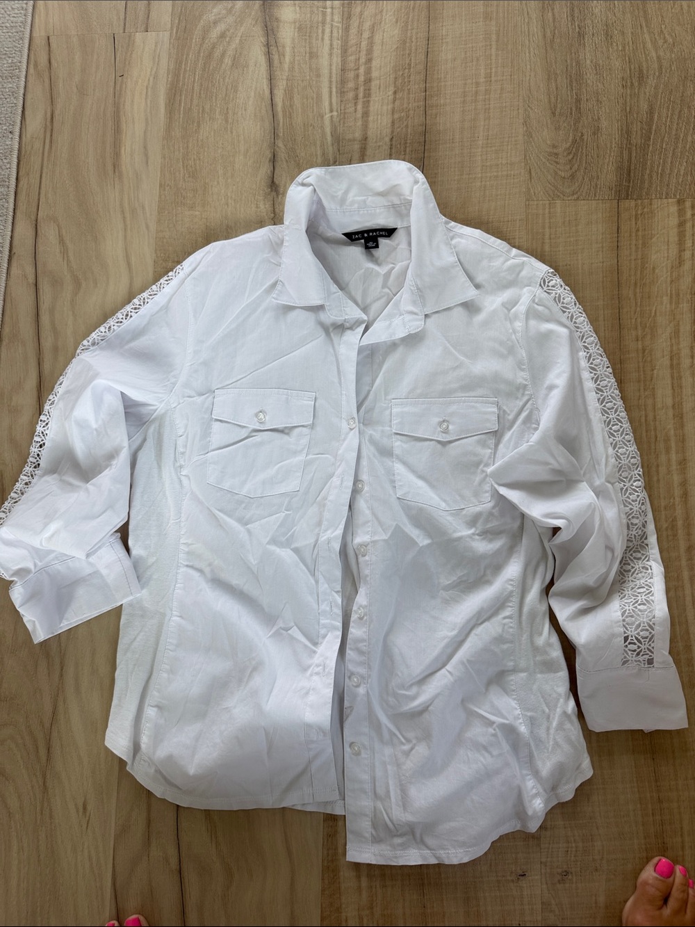 Zac & Rachel White Button-Up Blouse with Lace Sleeve Insets